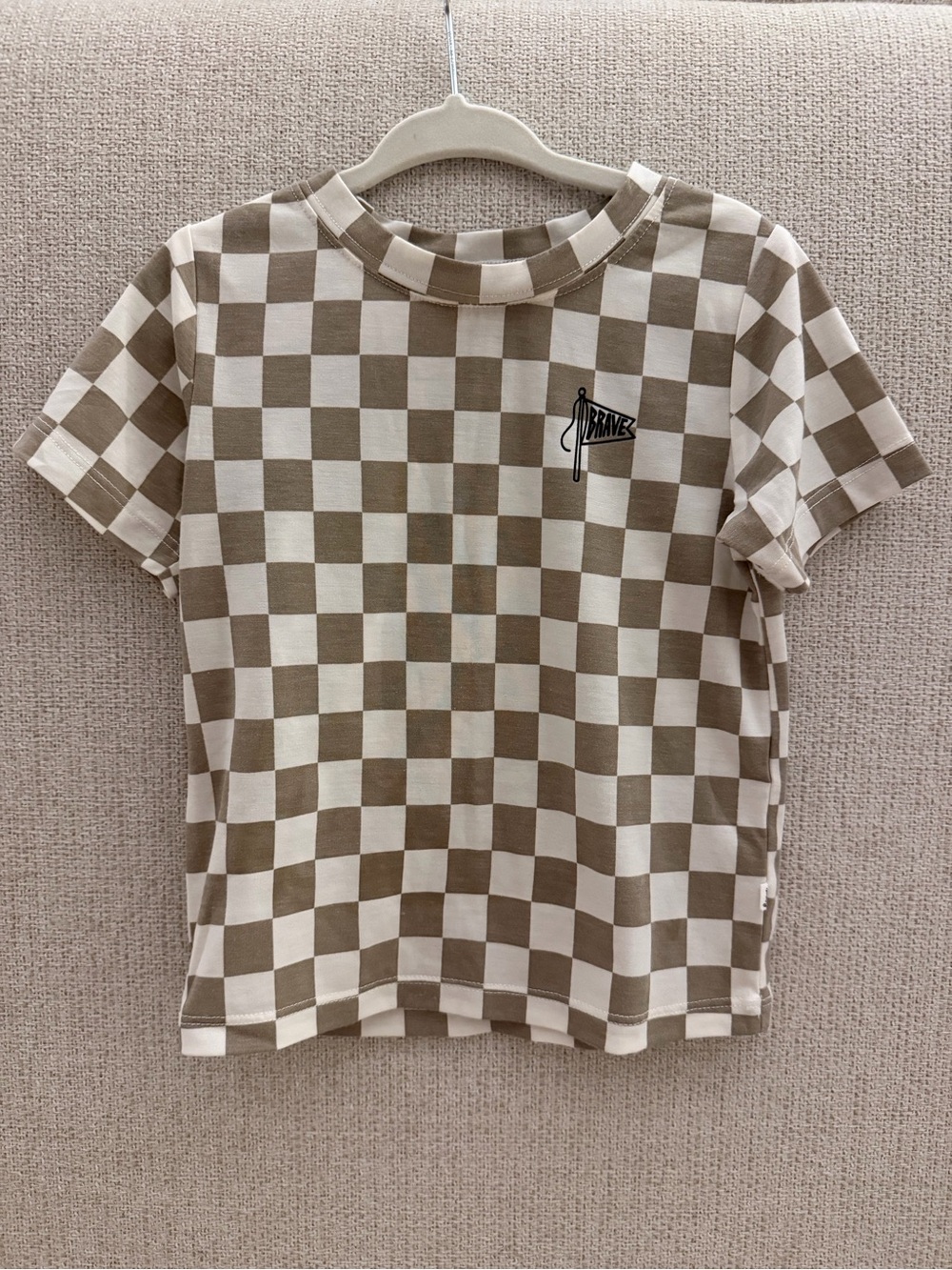 Brave Little Ones Kids Checkered Bamboo Tee with Pennant Logo - Brown/White NWOT